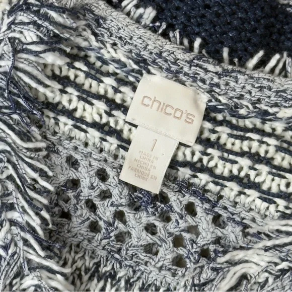 Chicos Blue White Textured Knit Fringe Boho Cottagecore Cardigan Small - Picture 8 of 13